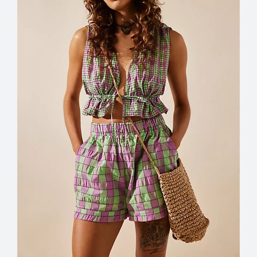 Free People Linus Plaid 2 Piece Cropped Top & Short Matching Set size Small NEW
